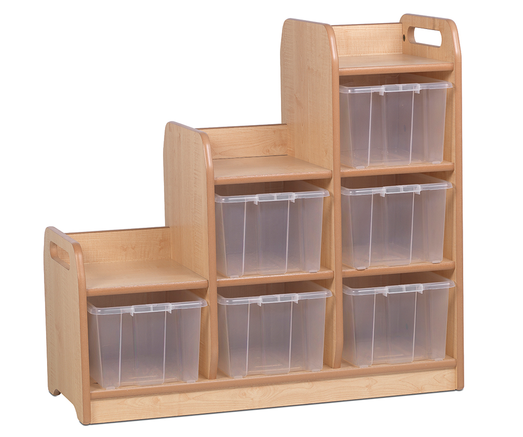 Kinderregal, Holzregal, Aufbewahrung, Plastikboxen, Stufenregal, stufiges Regal, Holzregal, Aufbewahrungsregal, Aufbewahrungsboxen, Kinderzimmerregal