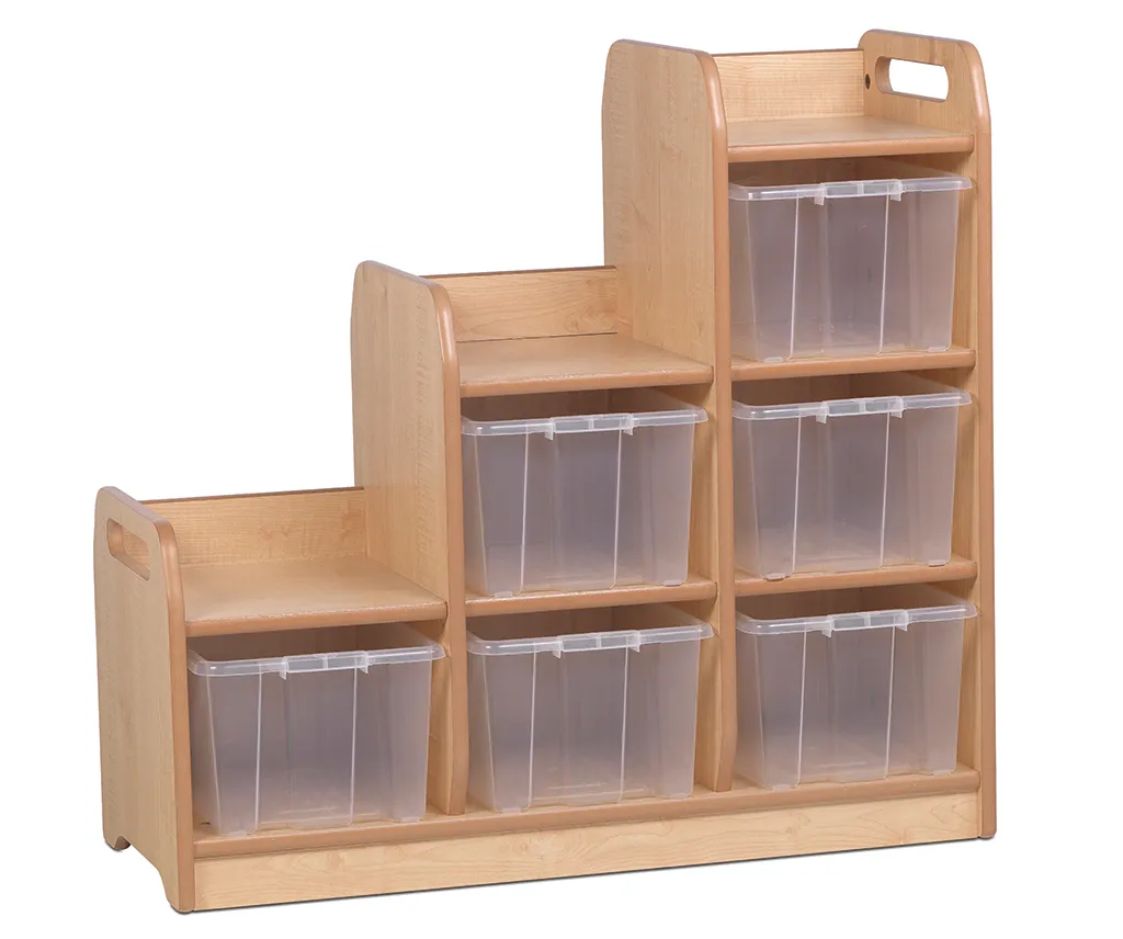 Kinderregal, Holzregal, Aufbewahrung, Plastikboxen, Stufenregal, stufiges Regal, Holzregal, Aufbewahrungsregal, Aufbewahrungsboxen, Kinderzimmerregal, Kleinkind-Stufenregal, Holzregal mit Aufbewahrungsboxen, Kinder-Treppe, Aufbewahrungssystem, Kistenboxen