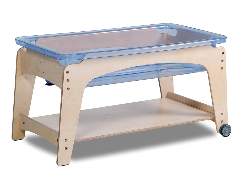 Kinderwerkbank, Schaukasten, Holzgestell, Rollbar, Transparenter Deckel, Kinderwerkbank, Holzgestell, Wagenrollen, Transparenter Behälter, Blaues Plastikbecken