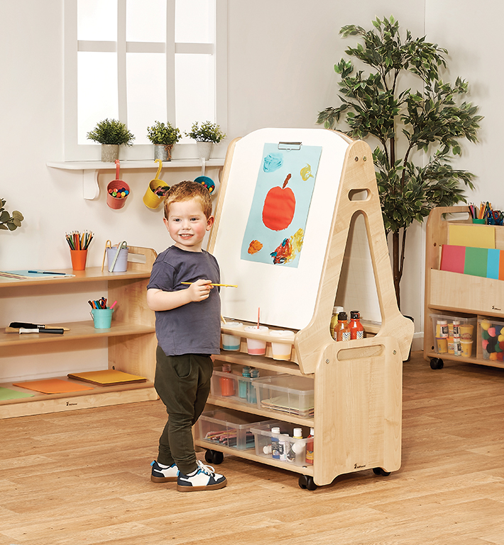 Kunstwerkstation, Kinderkünstler, Malplatte, Behelfstisch, Holzständer, Kinderstation, Maltafel, Kreidekasten, Holzständer, Aufbewahrungsschubladen