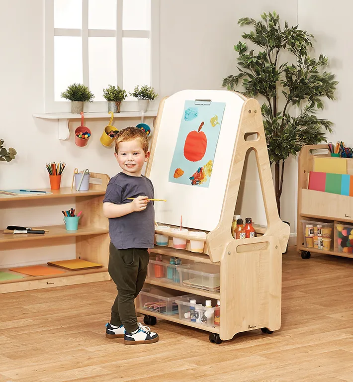 Kunstwerkstation, Kinderkünstler, Malplatte, Behelfstisch, Holzständer, Kinderstation, Maltafel, Kreidekasten, Holzständer, Aufbewahrungsschubladen