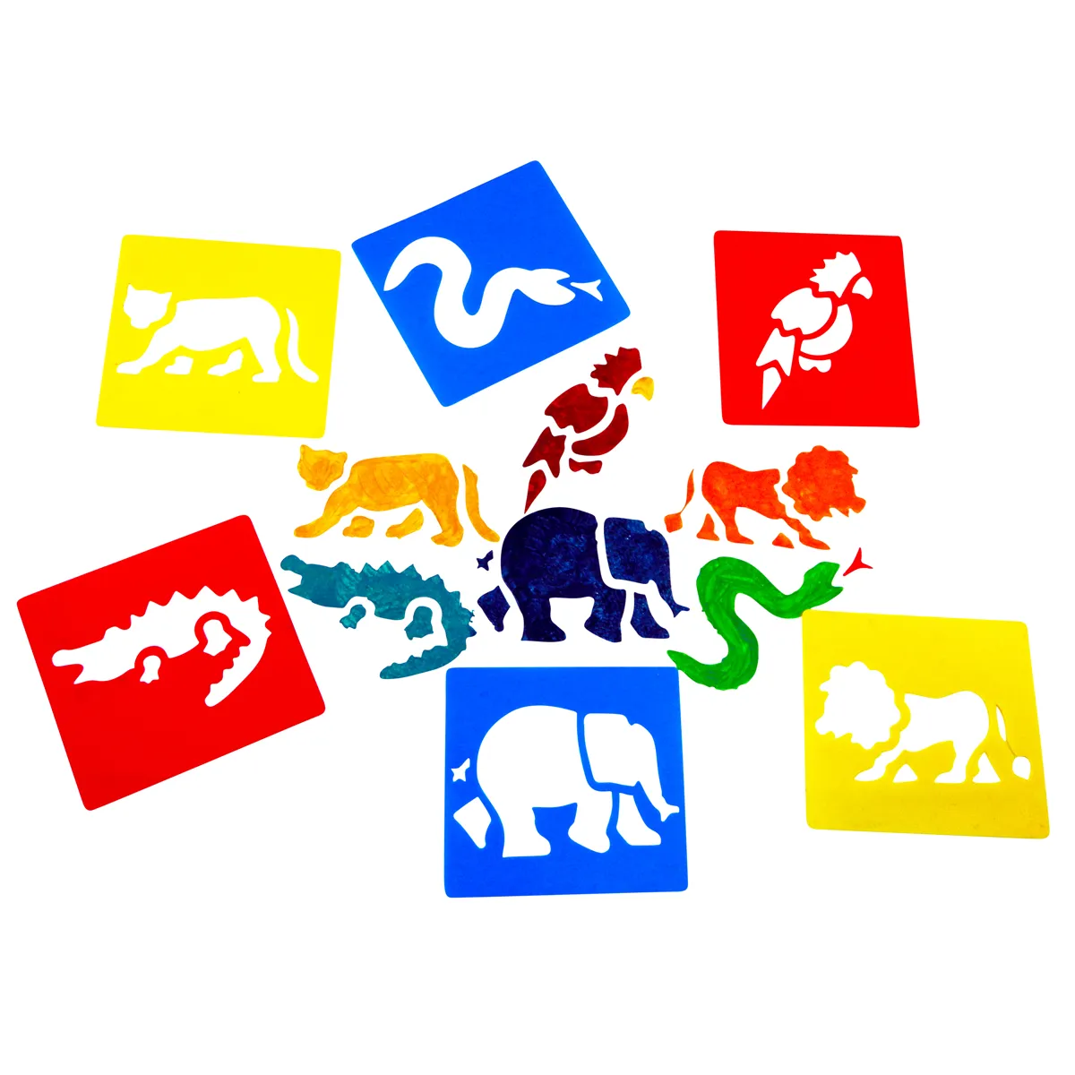 tieraufkleber, bunte karten, elefant, löwe, zootiere, tiere, silhouetten, karten, bunt, dschungel