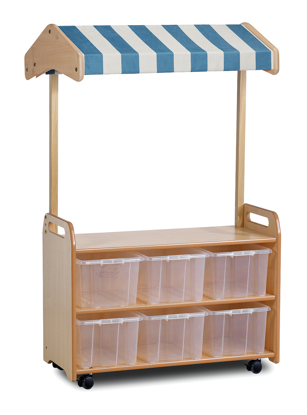 Holzstuhl, Aufbewahrungshilfe, Wägelchen, Kistenboxen, Küchenregal, Kiosk, Abstellwagen, Holzkonstruktion, Stoffdach, Lagerboxen