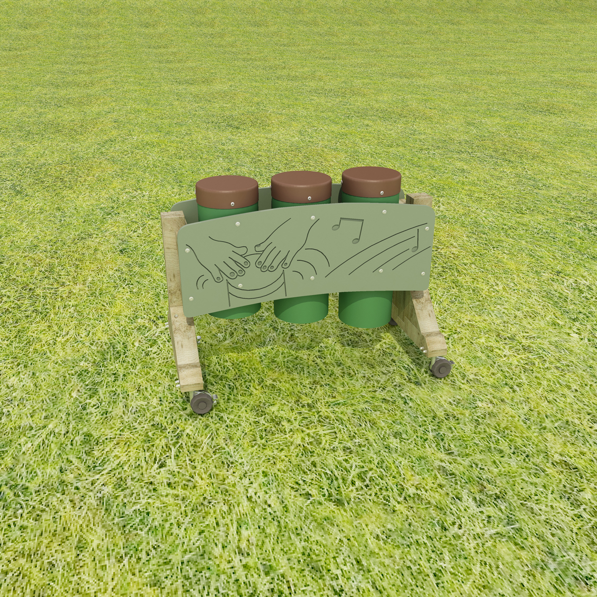 Spielgeräte, Kickboard-Wagen, grüne Fässer, Holzrahmen, Grasfläche