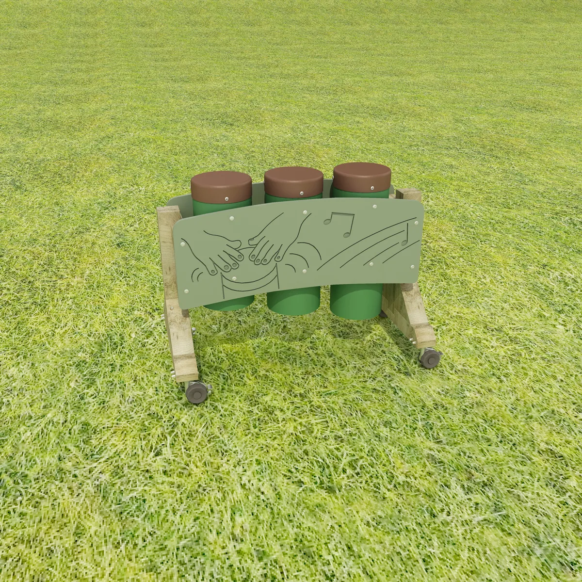 Spielgeräte, Kickboard-Wagen, grüne Fässer, Holzrahmen, Grasfläche, Spielplatzgerät, Musikrohre, grüne Struktur, Holzrahmen, Räder aus Holz/Metall