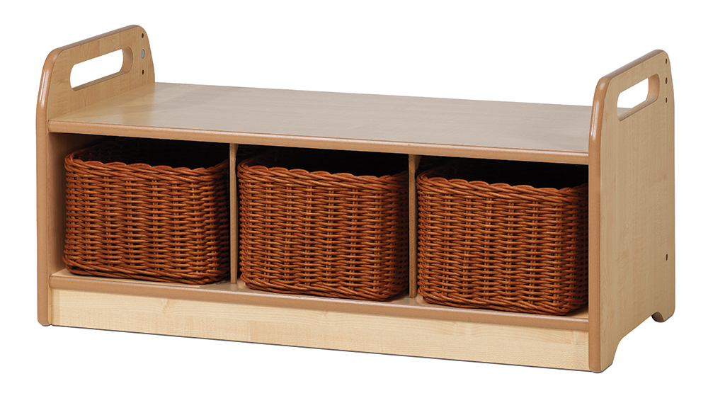 Low table, storage shelf, wooden bench, woven basket, three baskets, kinderbank, kleiner schrank, korbregal, holzregal, aufbewahrungskorb