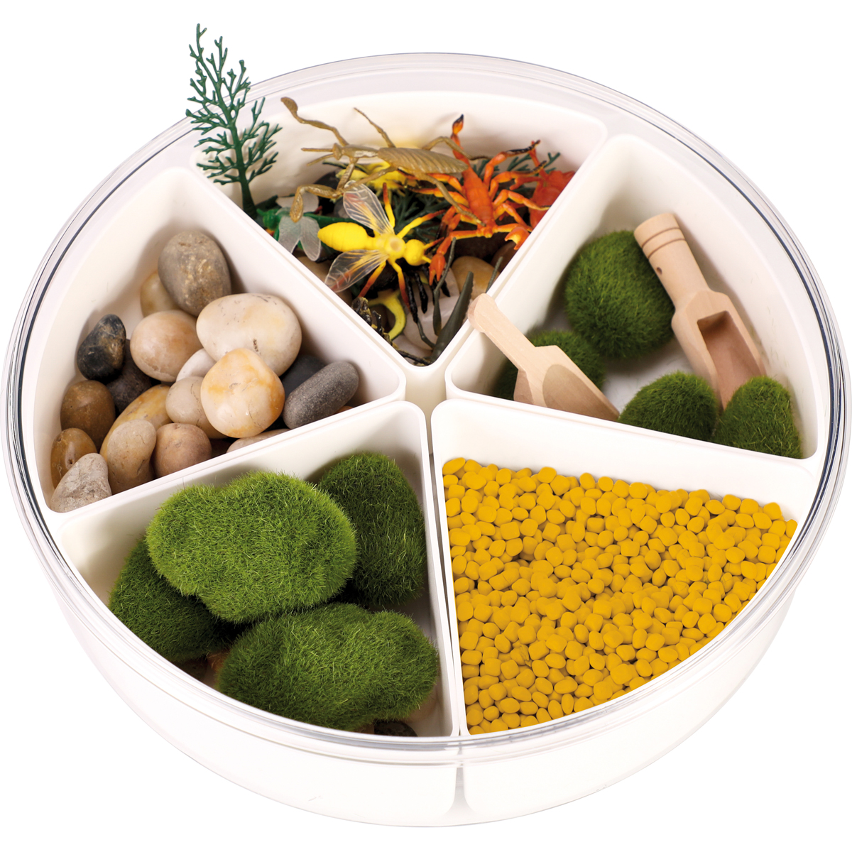 Mini-Garten, Dekoration, Moosbälle, gelbe Körner, geteilte Schale