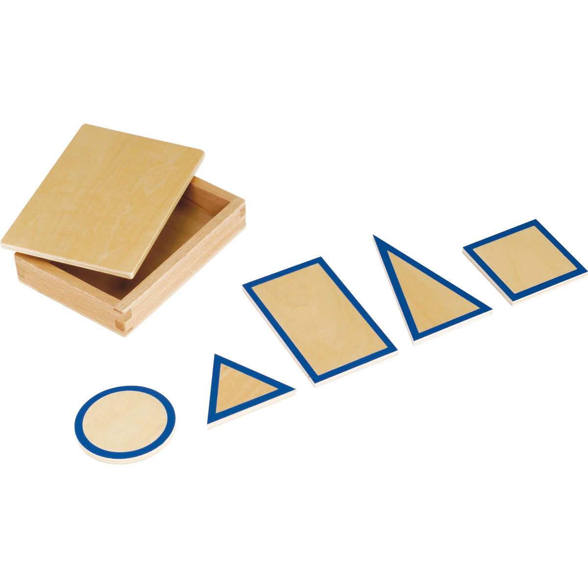 holzbox, formenkarten, kognitives spiel, holzplättchen, geometrische formen