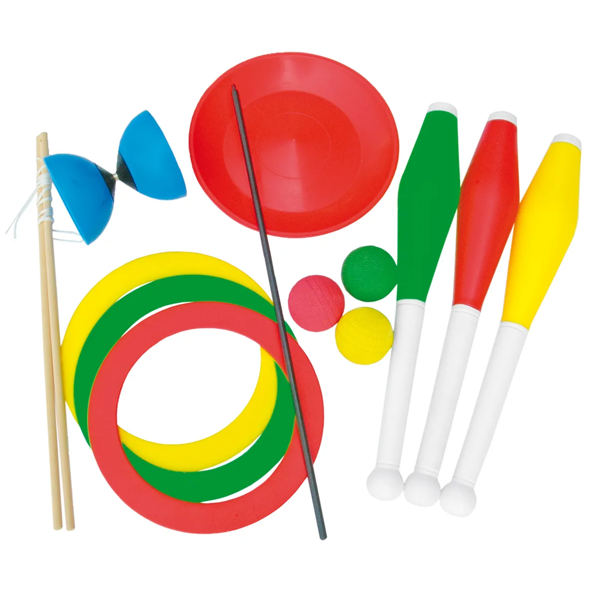 cape, frisbee, bongens, discs, juggling-set, frisbee, boccia, multicolor rings, balls, badminton set