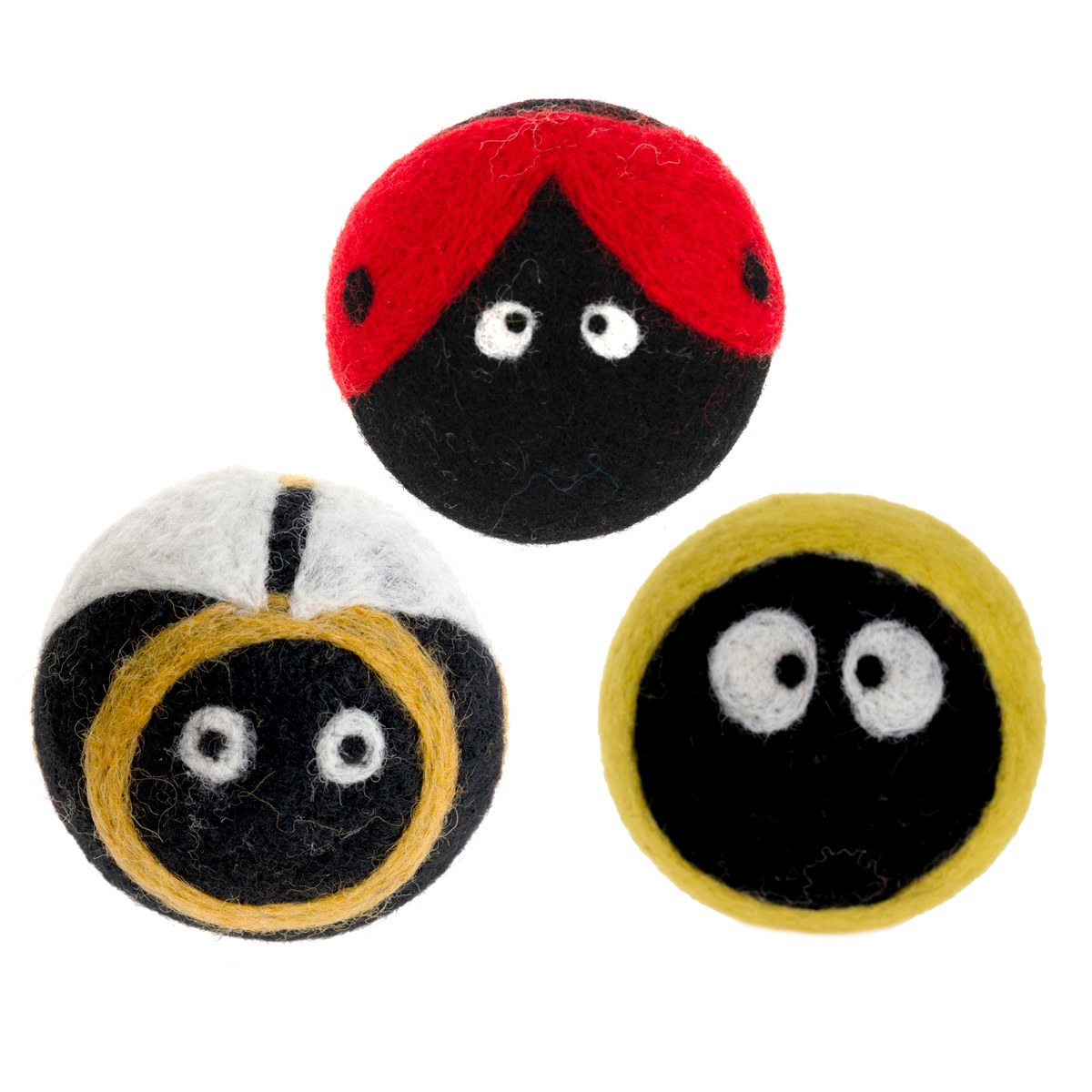 Wollkugel, Stofffigur, Motivkugel, Knöpfe, Bälle aus Filz, Wollfilzball, Gefilzter Ball, Marienkäfer-Motiv, Schwarz Gelb Rot, Bastelverzierung