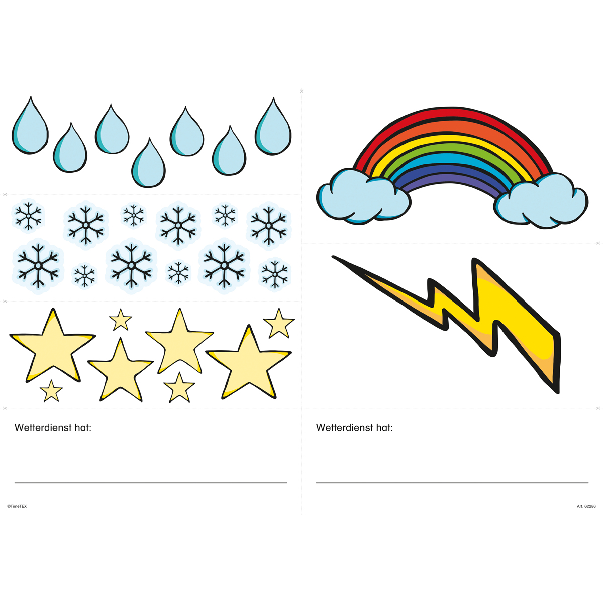 Wassertröpfchen, Schneeflocken, Sterne, Regenbogen, Blitz