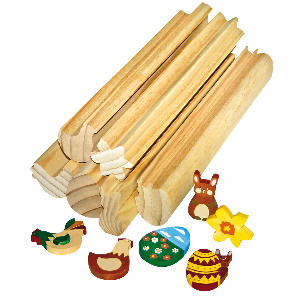 Holzrohre, Holzbaubausatz, Osterdekoration, Holzfiguren, Hausgarten, Holzstäbe, Holzbau-Set, Ostereier, Helfiguren, Dekoration