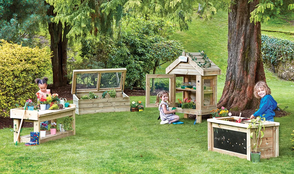 Kinecton Gartenspiel, Kübelpflanzenkasten, Holz Beet, Kleintierhaus, Gartenset Holz, Gartenspiel, Kleines Gewächshaus, Holzwerkbank, Gartenset, Spielturm