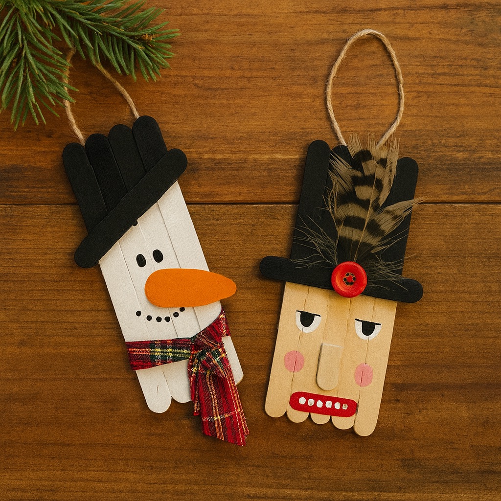 Basteln mit Holzstäbchen: Schneemann und Nussknacker