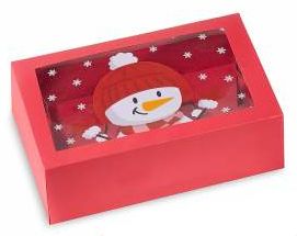 Rote Papier-Geschenkbox mit Sichtfenster Weihnachten 'Schneemann' 0 auf Lager
