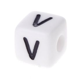 Buchstabenwürfel Kunststoff 10x10mm weiß/schwarz • 10 Stk 'V' 210 auf Lager